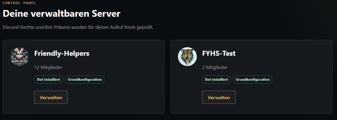Serverauswahl im Friendly-Helpers Control Panel