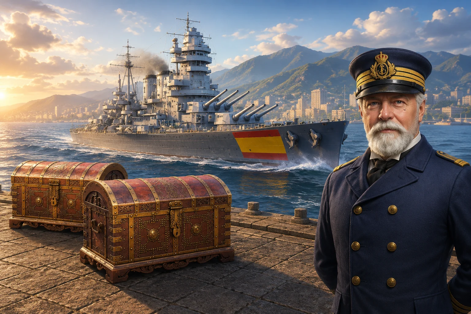 Spanischer Marineoffizier vor Kriegsschiffen als Motiv zur Sammlung Schlacht von Santiago de Cuba.