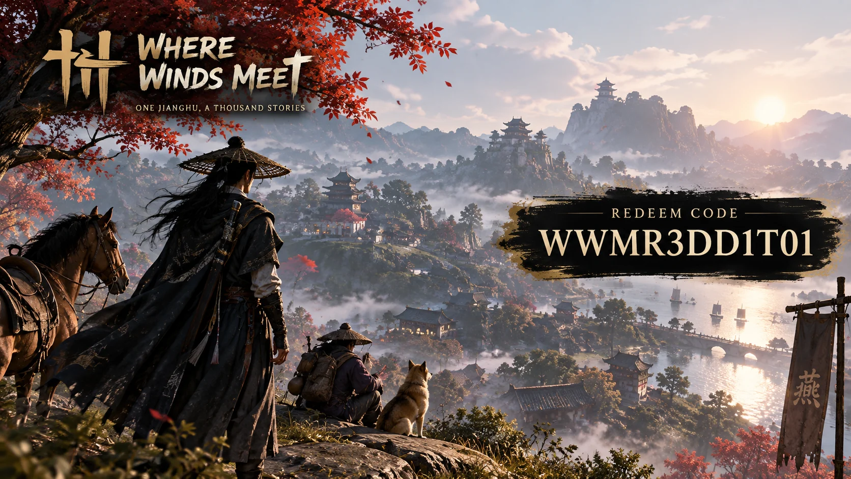 Szene aus Where Winds Meet mit Wanderern in einer chinesischen Landschaft.