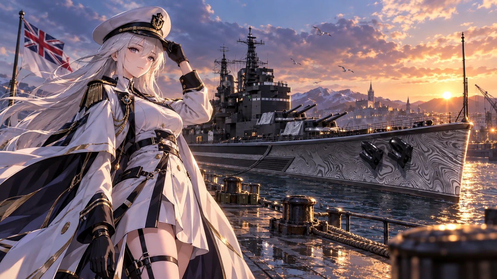 Britisches Schlachtschiff im Jubiläumshafen mit Feuerwerk und Werftkränen zum Start von World of Warships Update 15.8