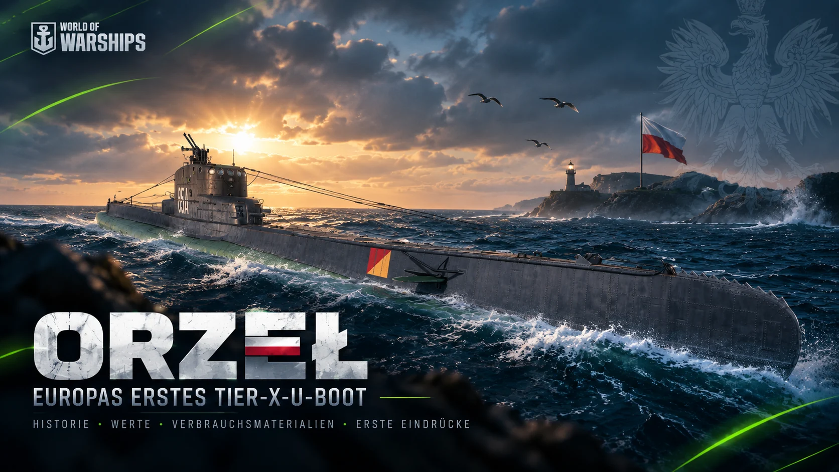 Orzeł auf See als europäisches Tier-X-U-Boot im World-of-Warships-Supertest.