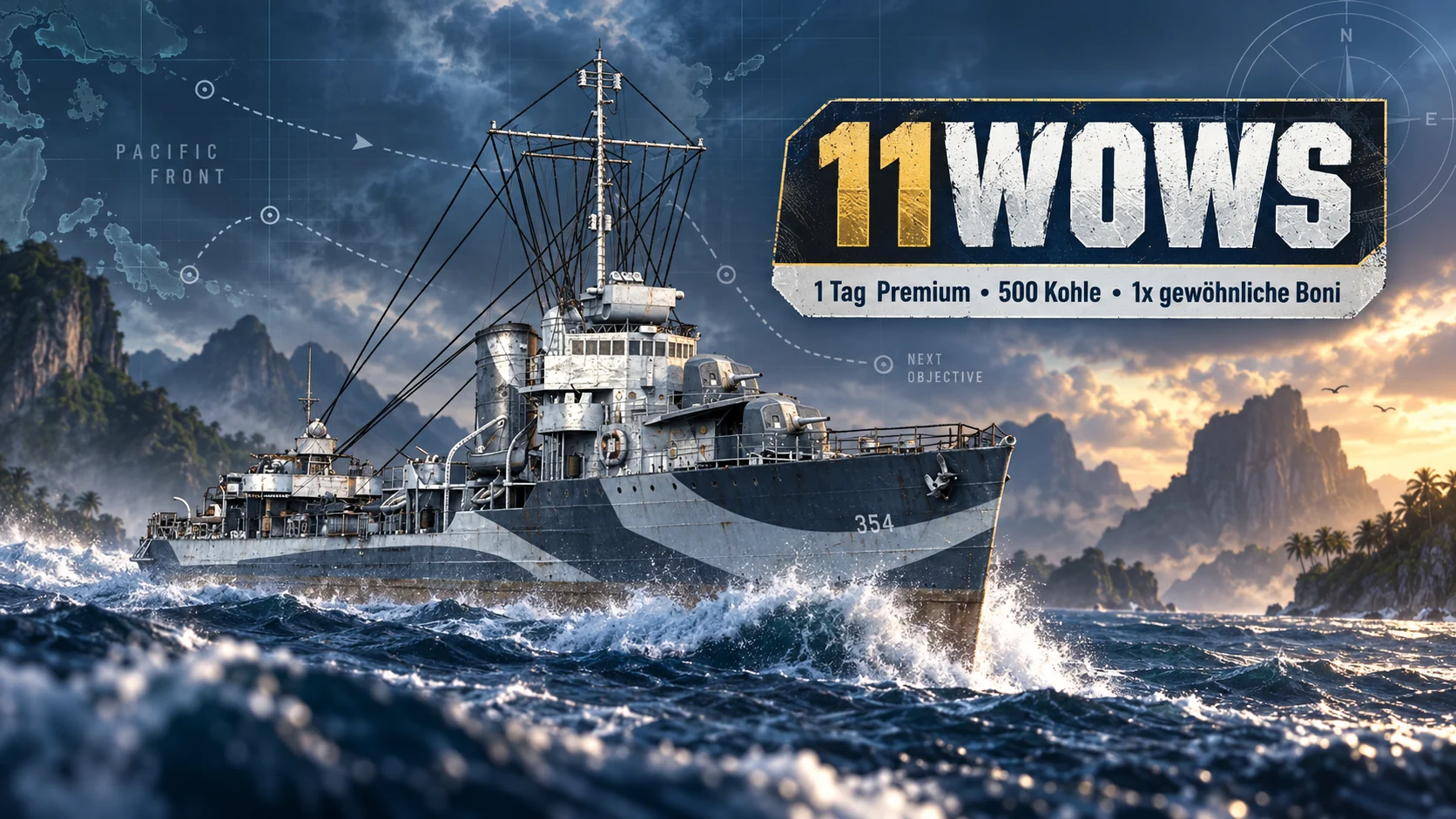 Hero-Bild zu World of Warships Pacific Front mit Kriegsschiff im Pazifik und Bonuscode 11WOWS.
