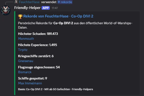 Persönliche Spielerrekorde für Co-Op Division 2 mit verlinkten Schiffsnamen im Discord-Bot