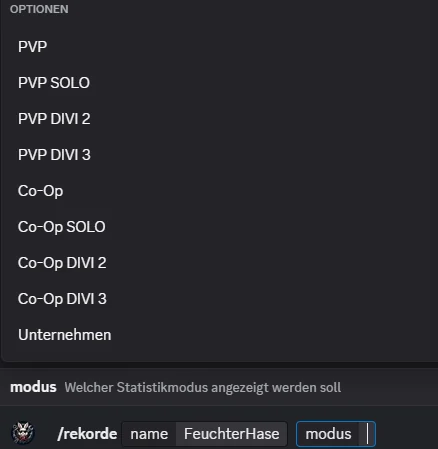 Modusauswahl für /rekorde mit PvP, Co-Op, Solo- und Divisionsvarianten sowie Unternehmen