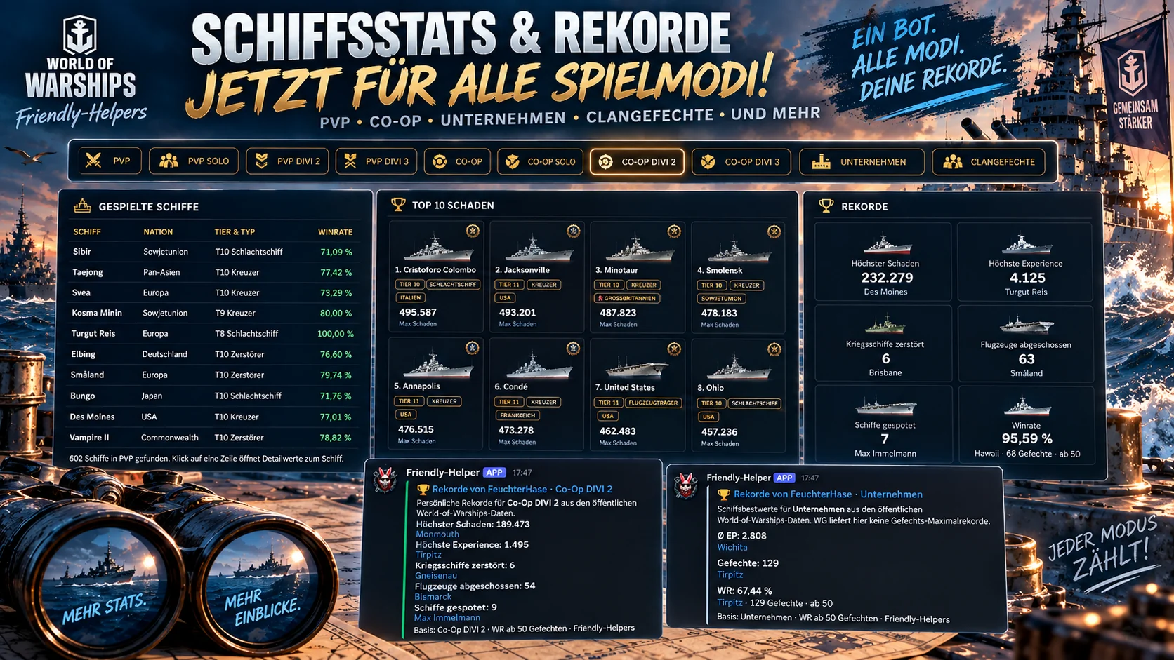 Spielerrekorde nach Gefechtsmodus auf der Friendly-Helpers-Webseite und im Discord-Bot
