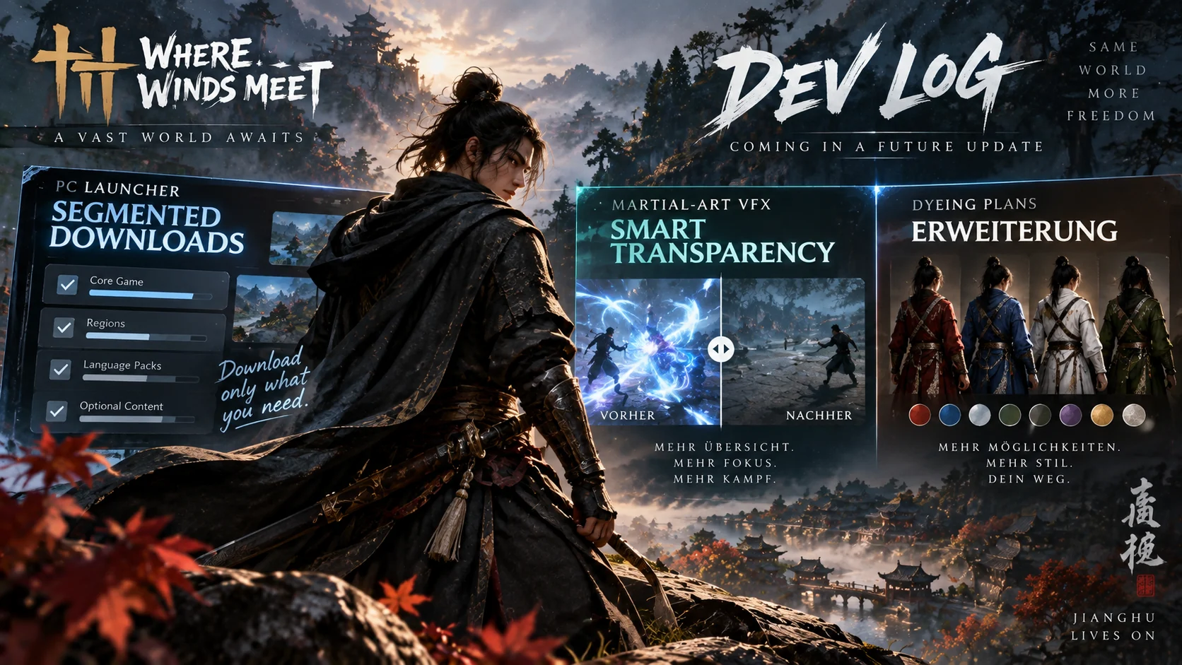 Where Winds Meet Dev Log mit segmentierten PC-Downloads, Transparenzoptionen für Martial-Arts-Effekte und erweiterten Dyeing Plans.