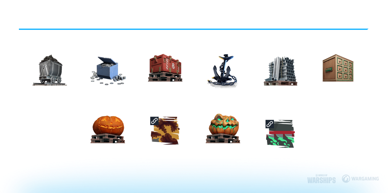 Belohnungen der ersten Halloween-Fortschrittslinie mit Kohle, Stahl, Containern und permanenten Tarnungen.