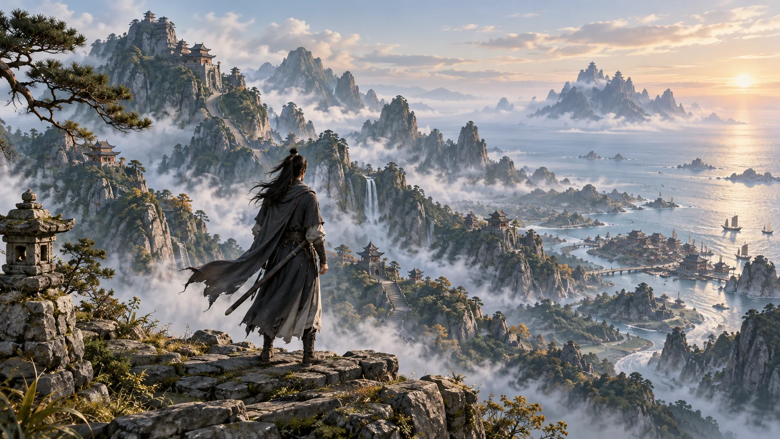 Illustration zur Qingzhou-Vorschau: Ein Wuxia-Wanderer blickt von einem Felsvorsprung über neblige Berge, Tempelanlagen und eine Küstenlandschaft.