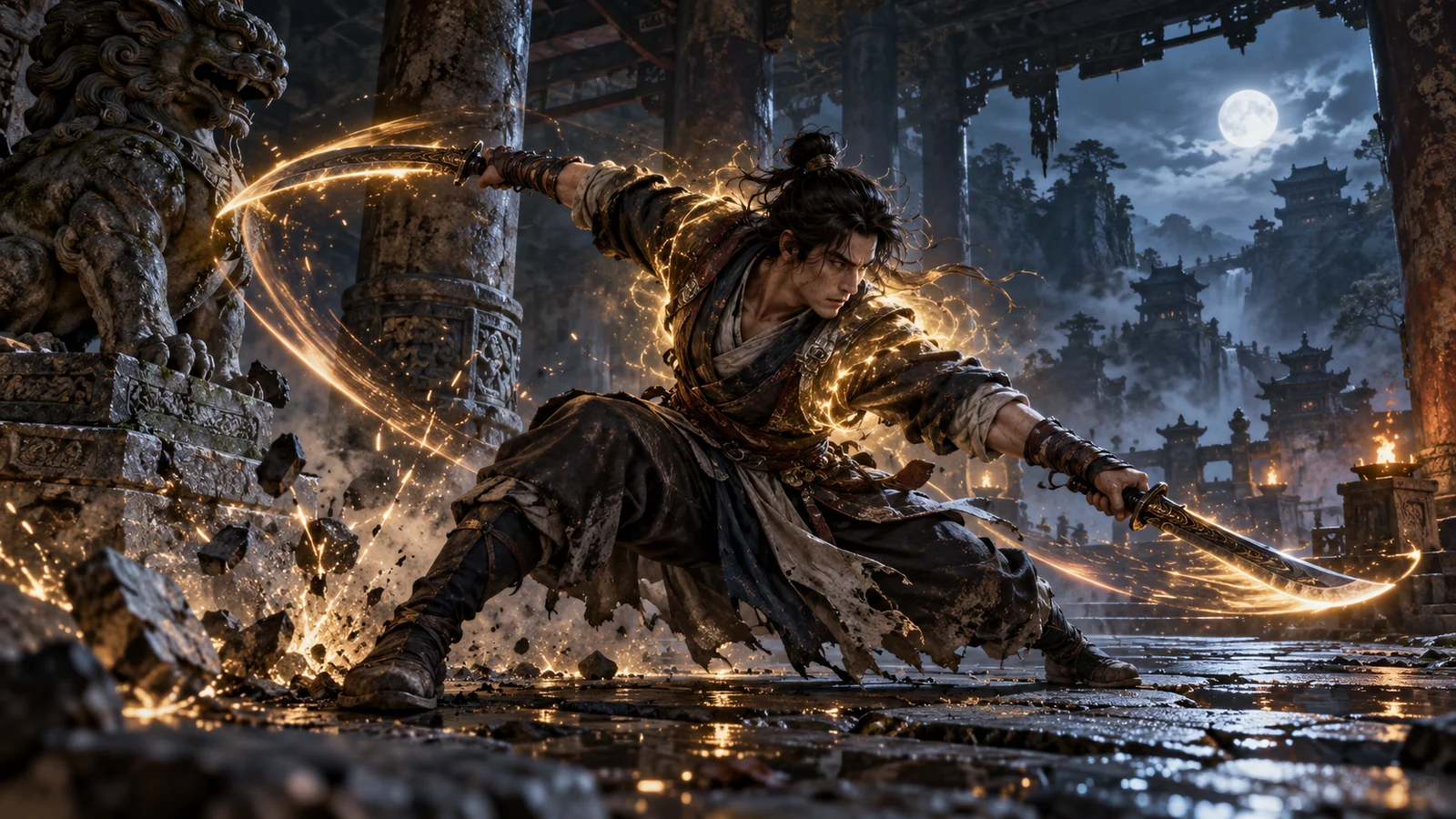 Illustration zu Infernal Twinblades und Super Armor: Ein Wuxia-Kämpfer mit zwei gebogenen Klingen und goldenem Energieeffekt in einer nächtlichen Tempelhalle.