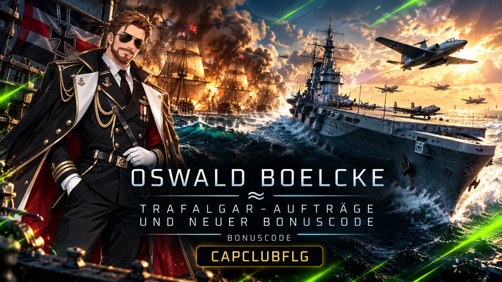 World of Warships: Flugzeugträger mit Jets und historische Segelschiffe, dazu ein Offizier und der Schriftzug zu Oswald Boelcke, Trafalgar-Aufträgen und CAPCLUBFLG.