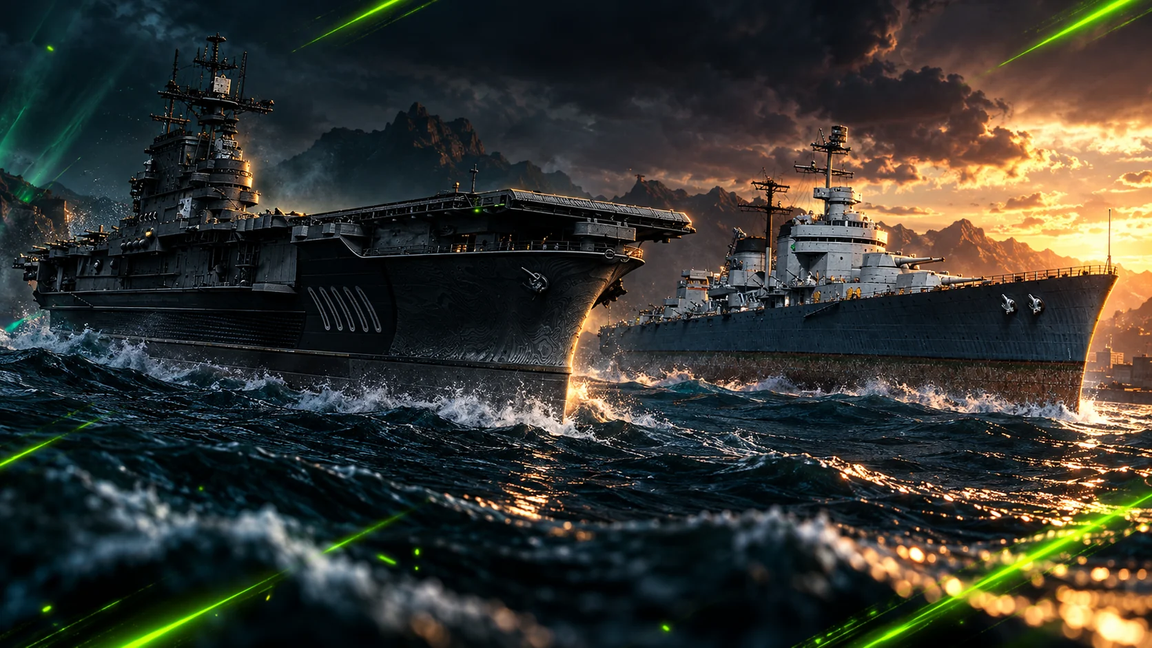 A dark aircraft carrier and another warship on rough seas, with rocky islands, an orange evening sky and green light trails.