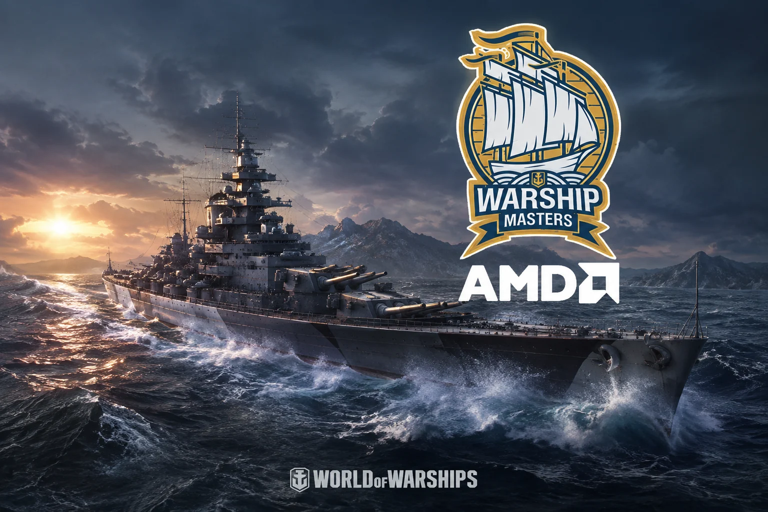 Warship Masters 2026 mit Kriegsschiff auf hoher See und dem offiziellen Warship-Masters-Logo.