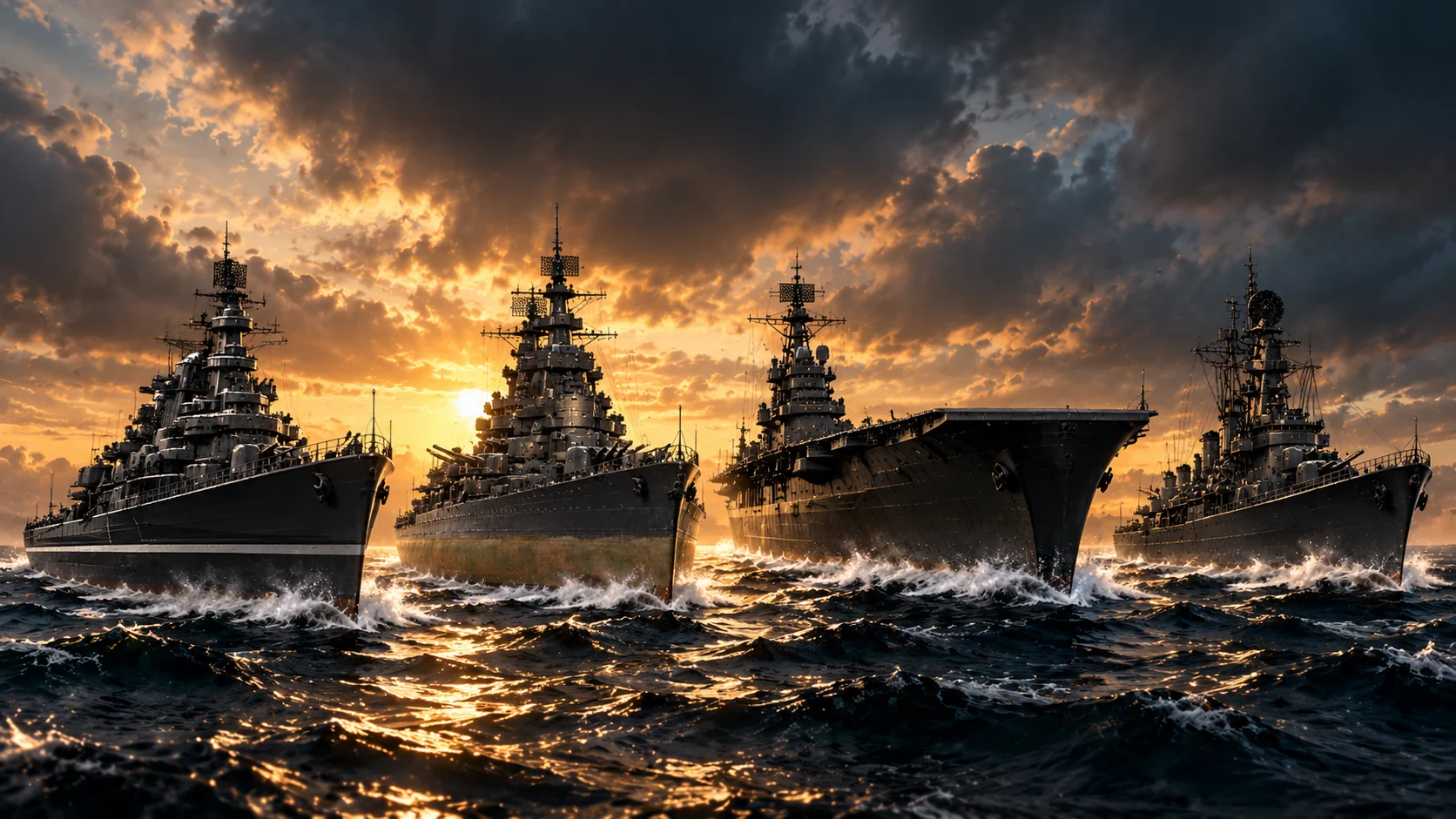 Vier dunkle Kriegsschiffe vor einem goldenen Sonnenuntergang auf bewegter See.