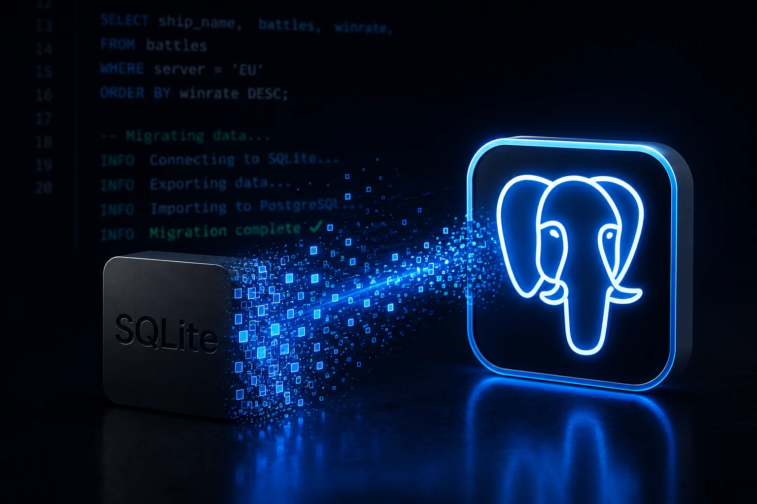 Illustration der kontrollierten Datenmigration von SQLite zu PostgreSQL.
