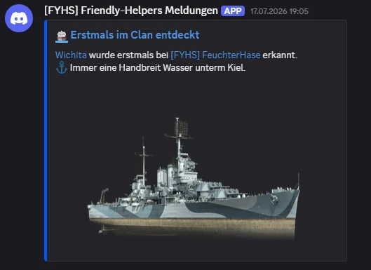 Discord-Meldung „Erstmals im Clan entdeckt“ mit Spieler, Clan und dem neu erkannten Schiff Wichita.
