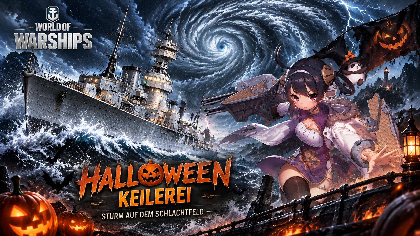 World of Warships: Ning Hai im gewaltigen Zyklon, begleitet von einer Azur-Lane-Kommandantin, mit Halloween-Keilerei und stürmischer See.