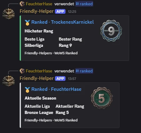 Zwei Discord-Ausgaben des Ranked-Befehls mit dem höchsten erreichten Rang und dem aktuellen Saisonrang.