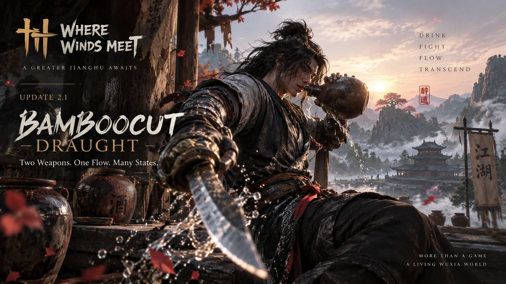 Wuxia-Kämpfer in einer nebligen Berglandschaft, passend zum Bamboocut-Draught-Kampfstil in Where Winds Meet.