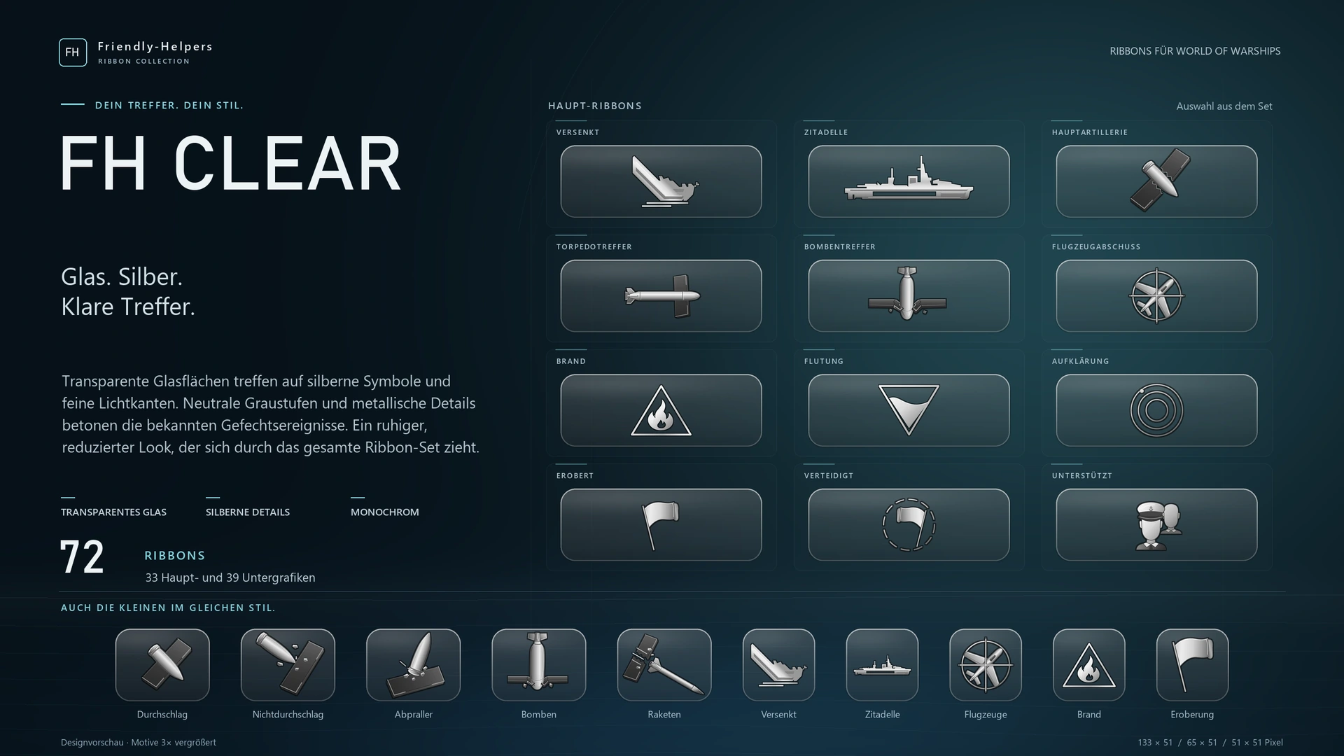 FH Clear für World of Warships: Auswahl der Haupt- und Unter-Ribbons.