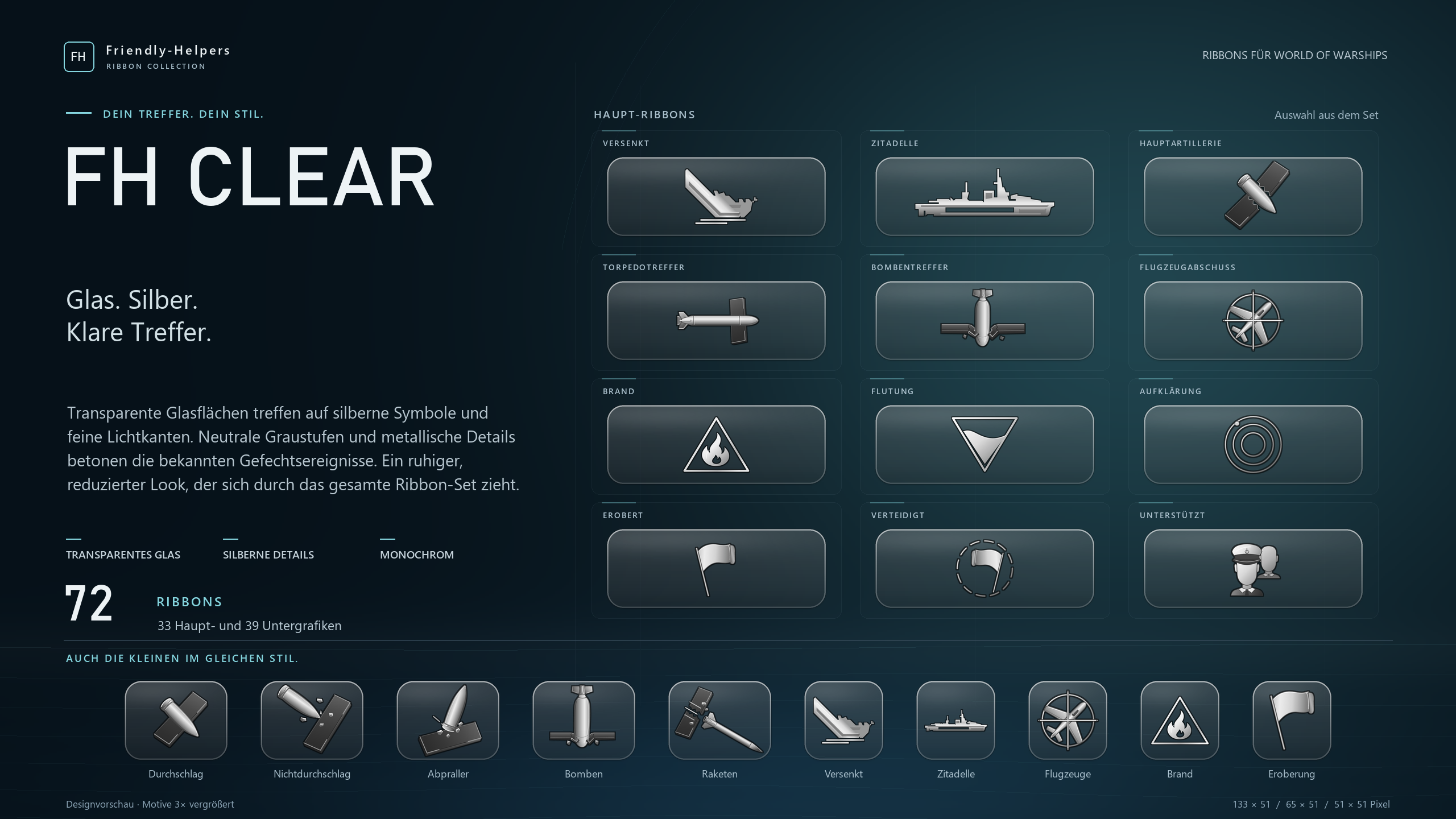 FH Clear für World of Warships: Auswahl der Haupt- und Unter-Ribbons.