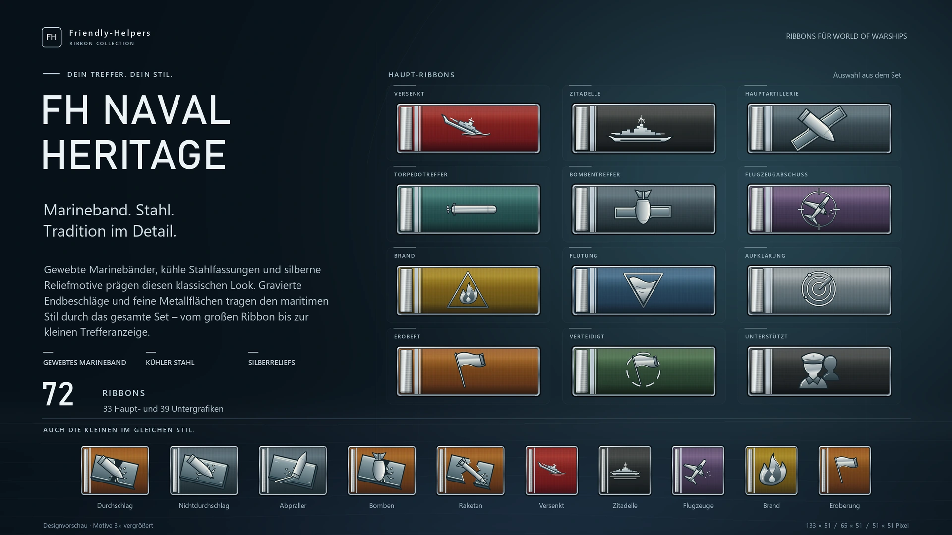 FH Naval Heritage für World of Warships: zwölf Haupt-Ribbons und zehn Untergrafiken mit gewebten Marinebändern, kühlen Stahlfassungen und silbernen Reliefmotiven.
