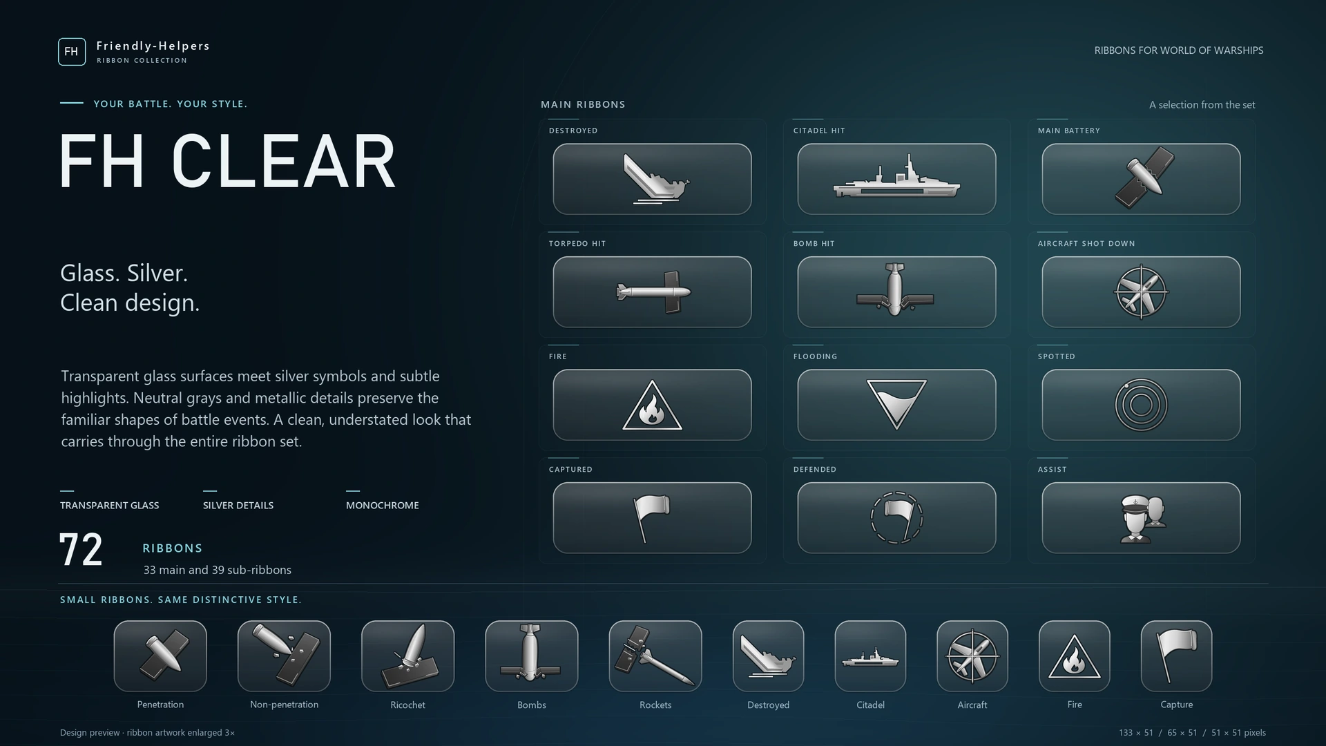 FH Clear for World of Warships: a selection of main ribbons and sub-ribbons.