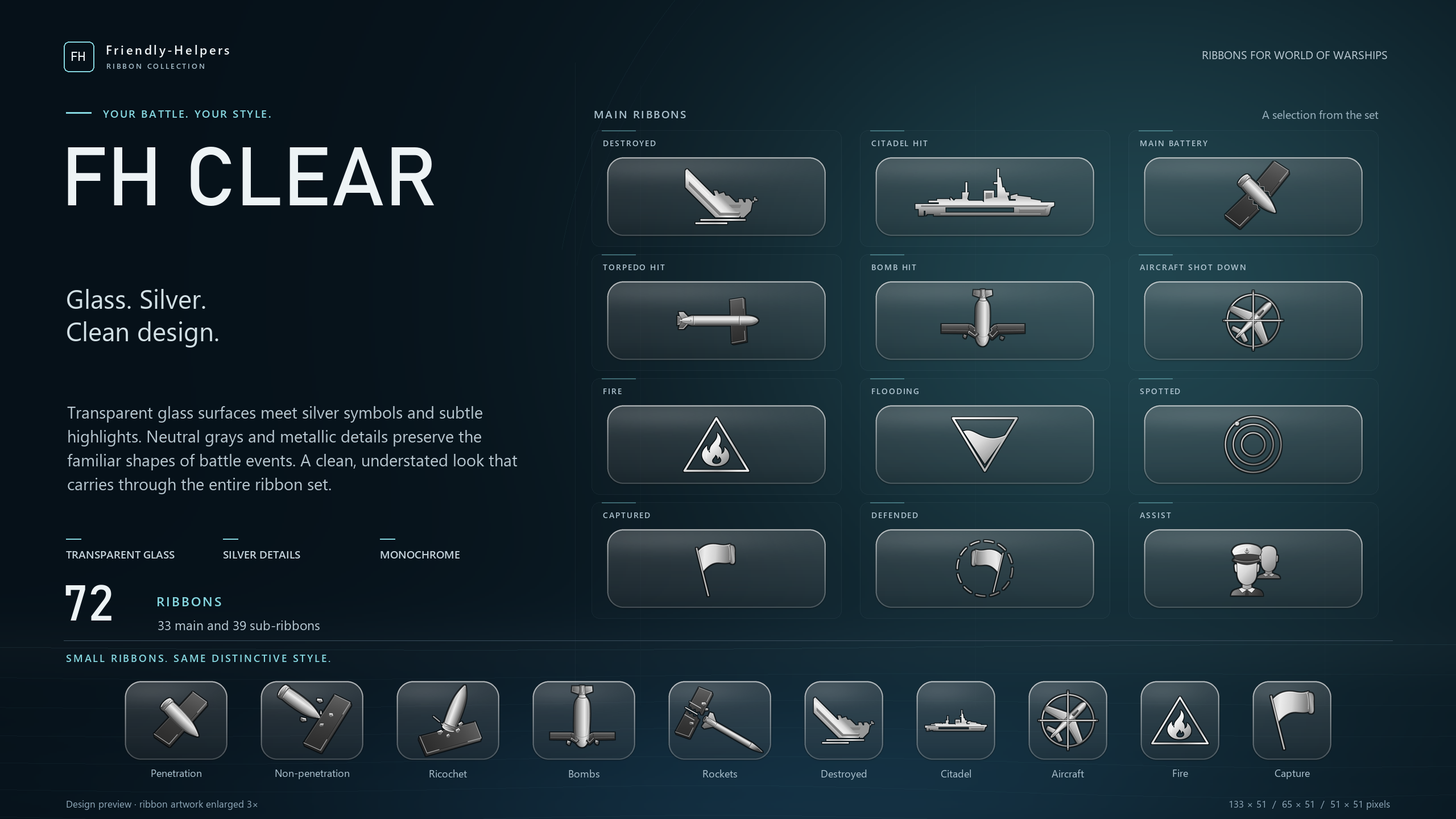 FH Clear for World of Warships: a selection of main ribbons and sub-ribbons.