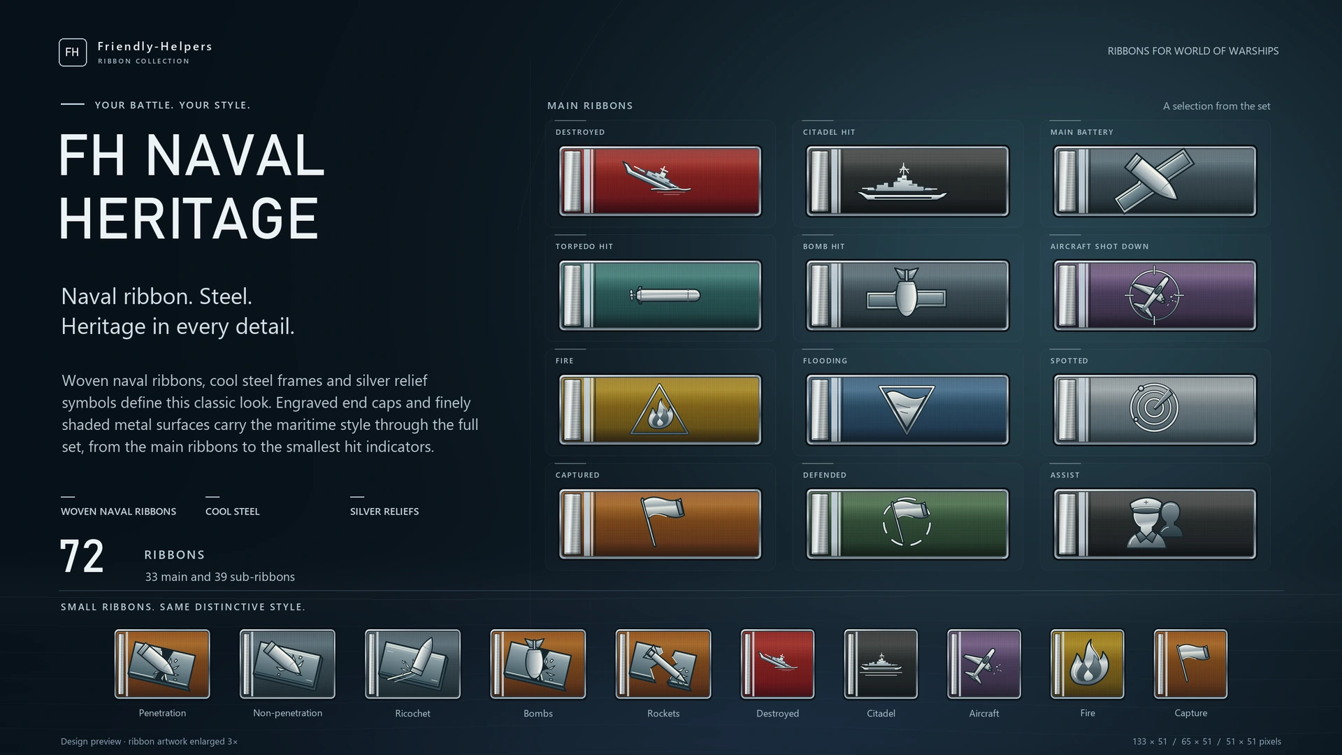 FH Naval Heritage for World of Warships: twelve main ribbons and ten sub-ribbons with woven naval bands, cool steel frames and silver relief symbols.