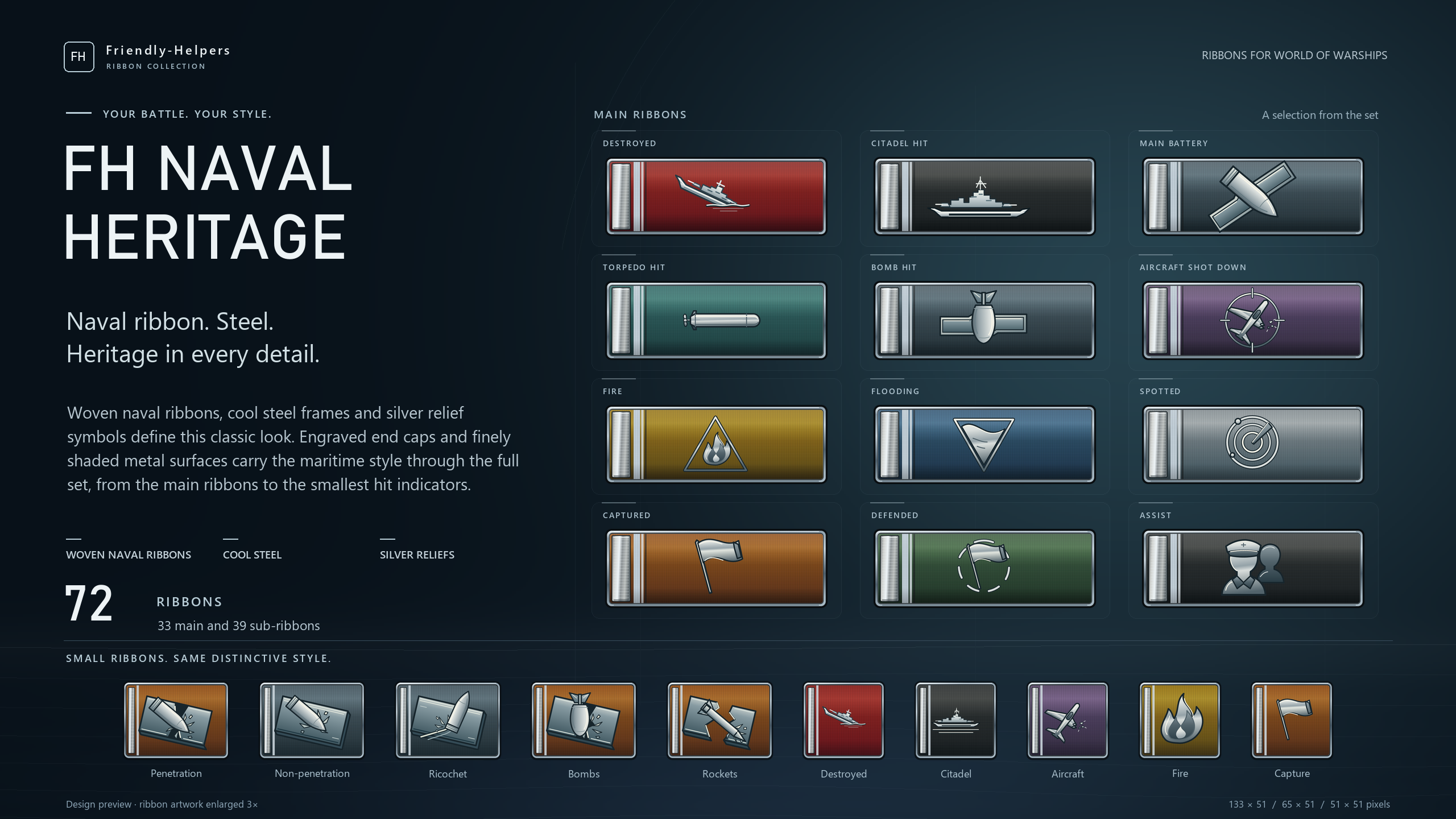 FH Naval Heritage for World of Warships: twelve main ribbons and ten sub-ribbons with woven naval bands, cool steel frames and silver relief symbols.