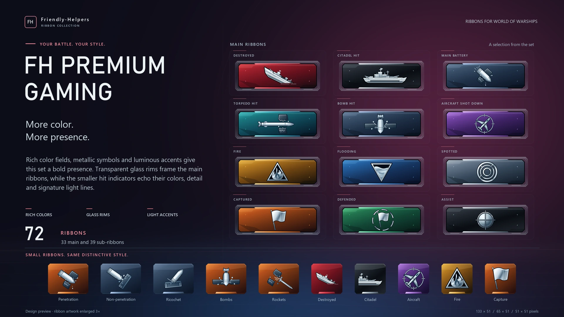 FH Premium Gaming for World of Warships: a selection of main ribbons and sub-ribbons.