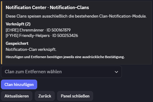 Übersicht der gespeicherten Notification-Clans in Discord