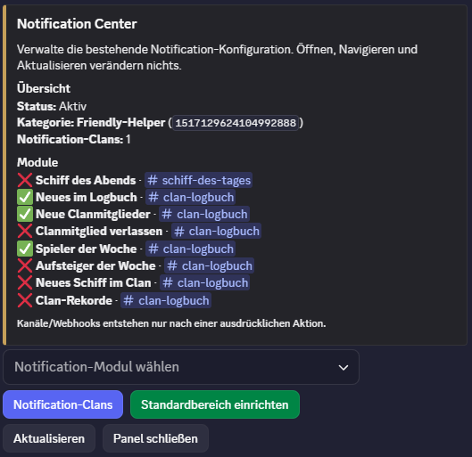 Notification Center in Discord mit Übersicht aller Module und gespeicherter Konfiguration
