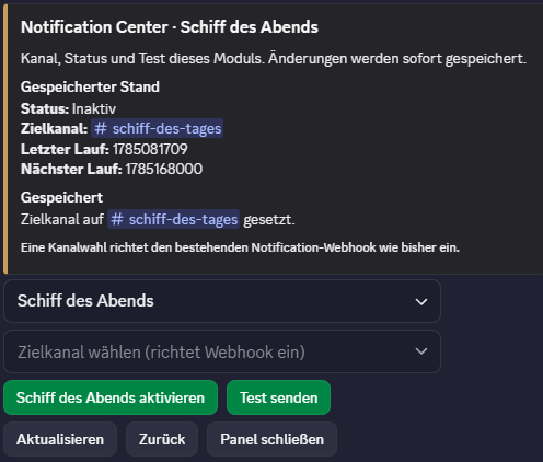 Ein einzelnes Notification-Modul mit Zielkanal, Status und Testfunktion in Discord